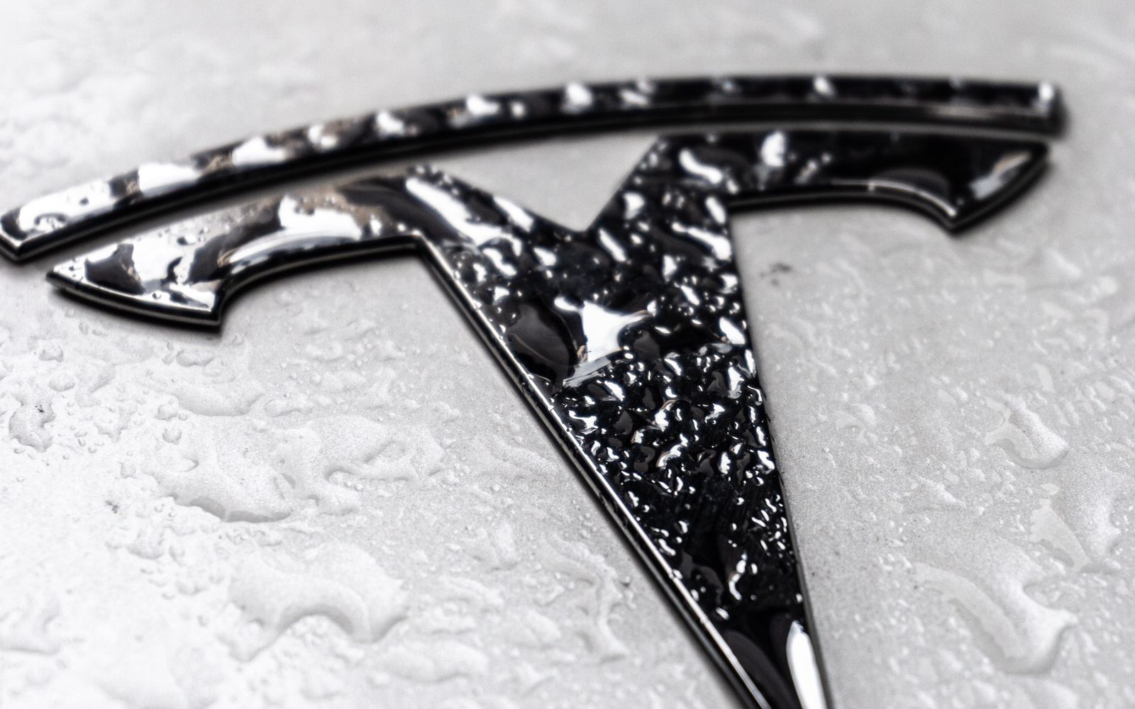 Macro of a blacked-out Tesla badge with water beads on white paint — black badge detail