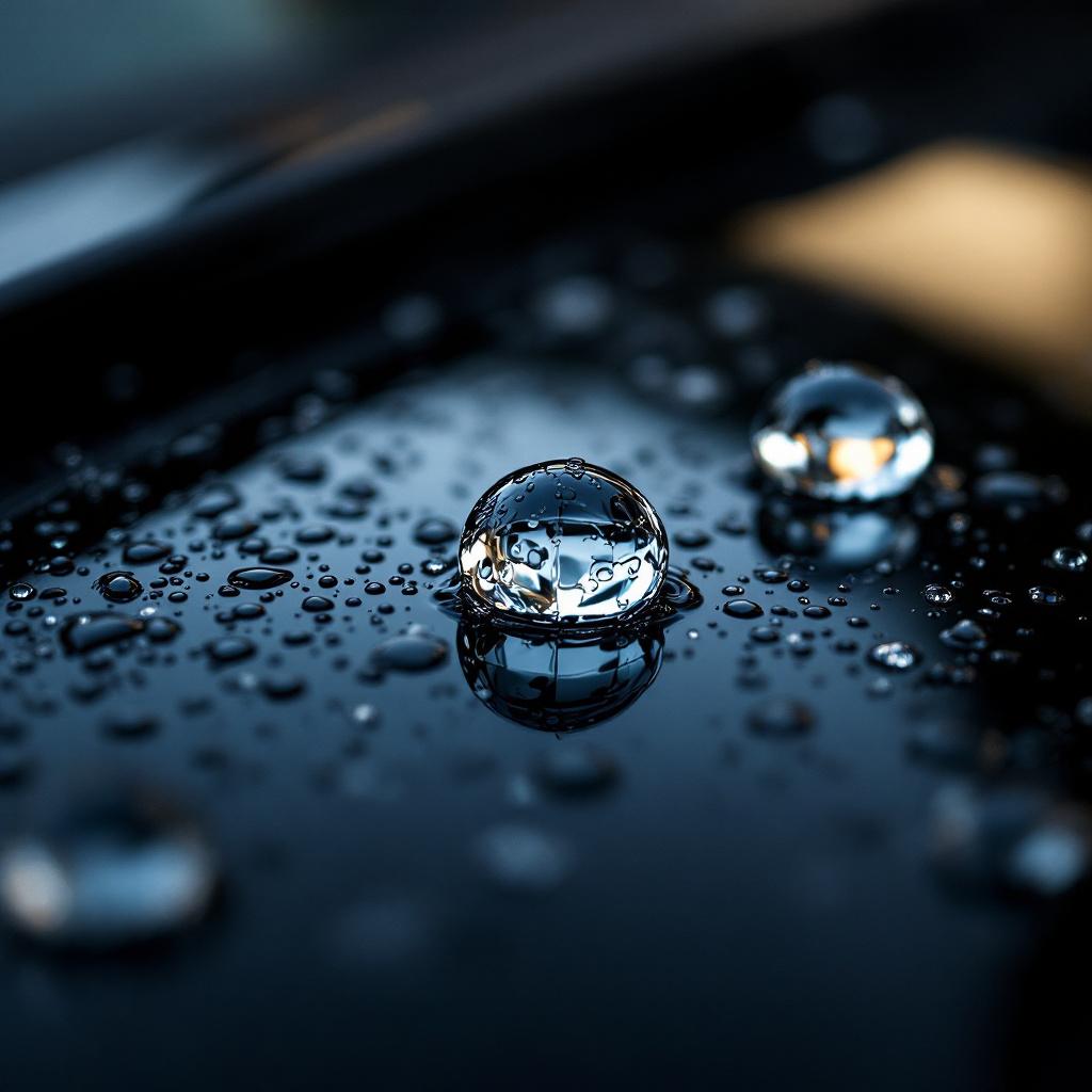 Macro detail of water droplets beading on a freshly ceramic-coated gloss black hood
