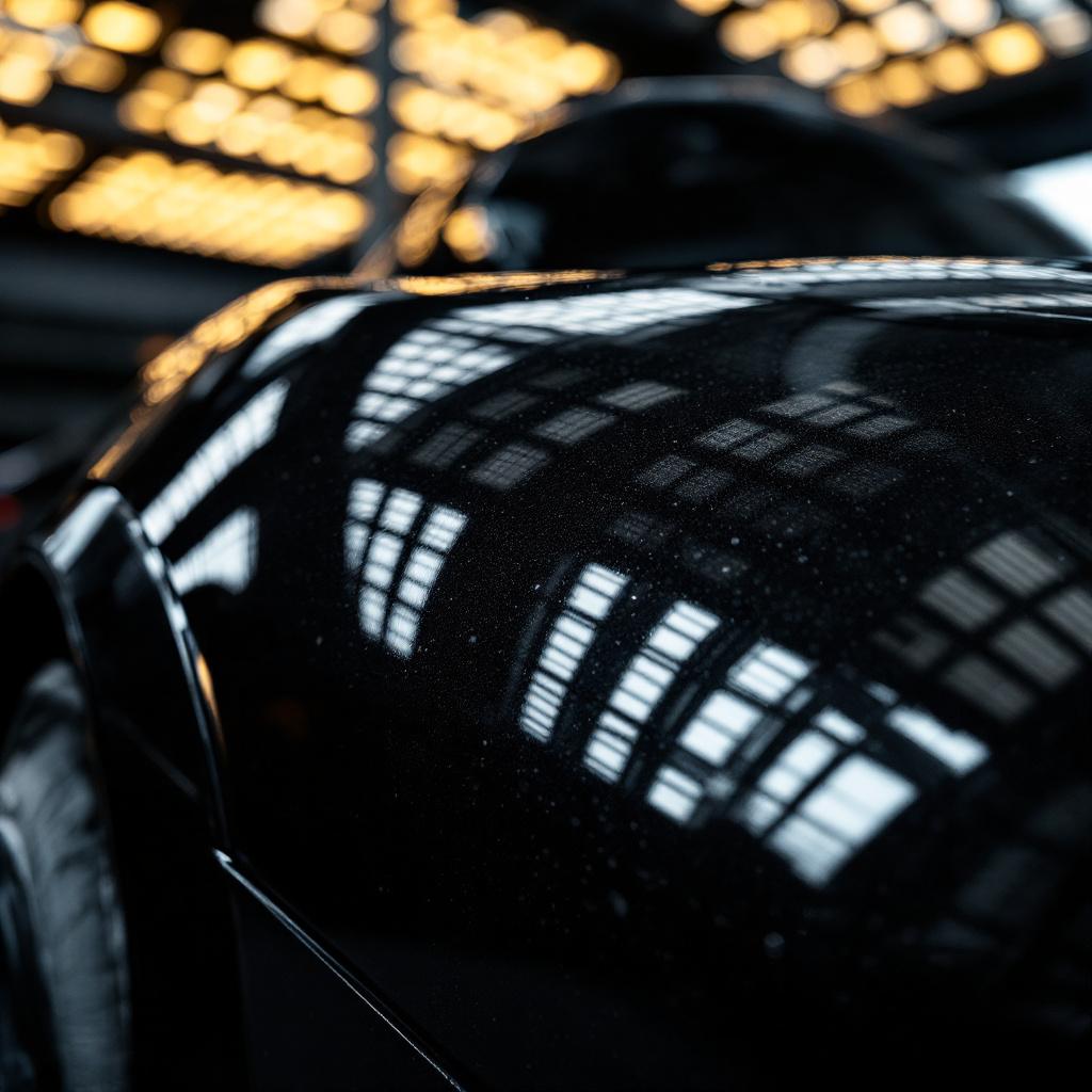Detail-booth LED grid reflected in a ceramic-coated fender