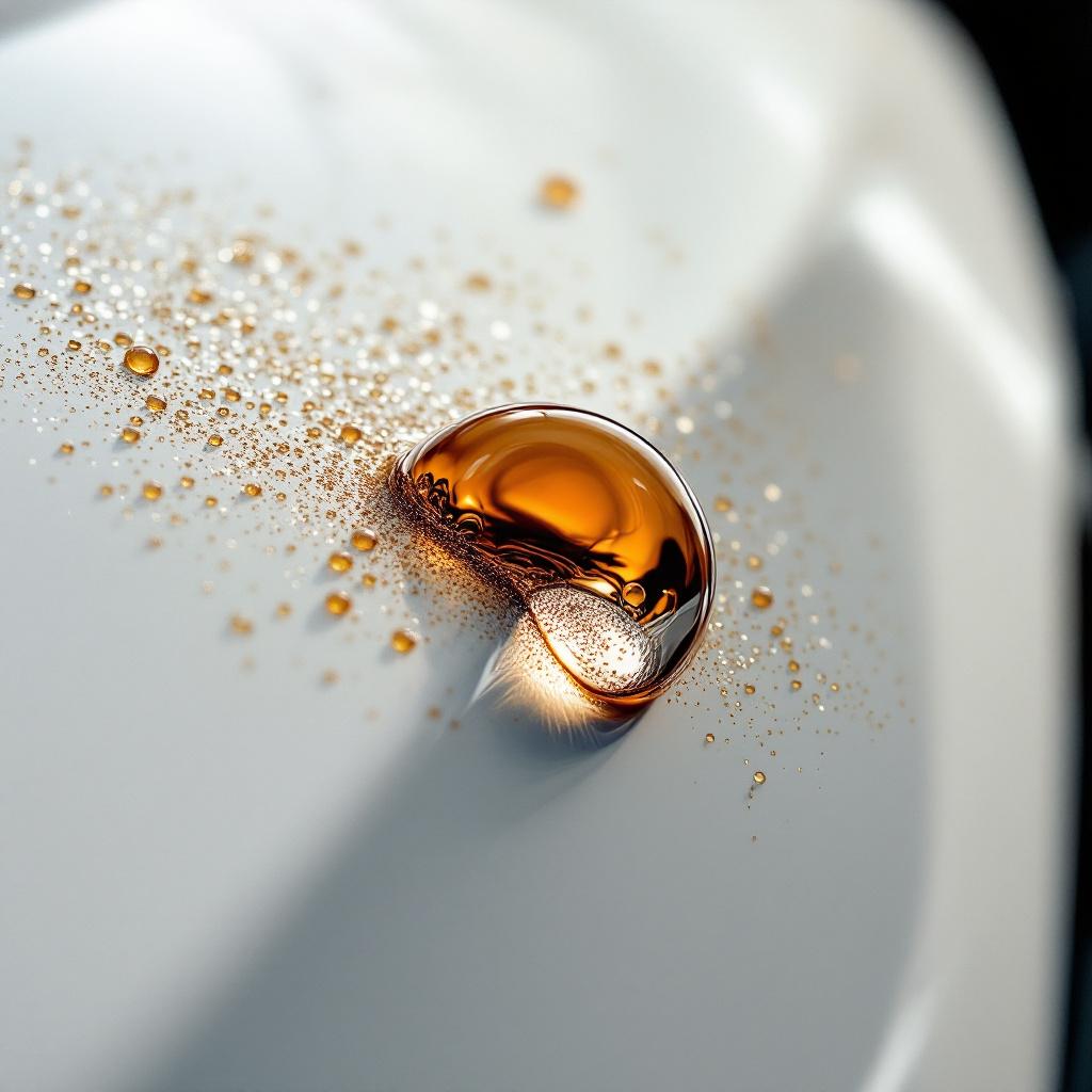 Contaminant droplet rolling off a ceramic-coated white paint surface