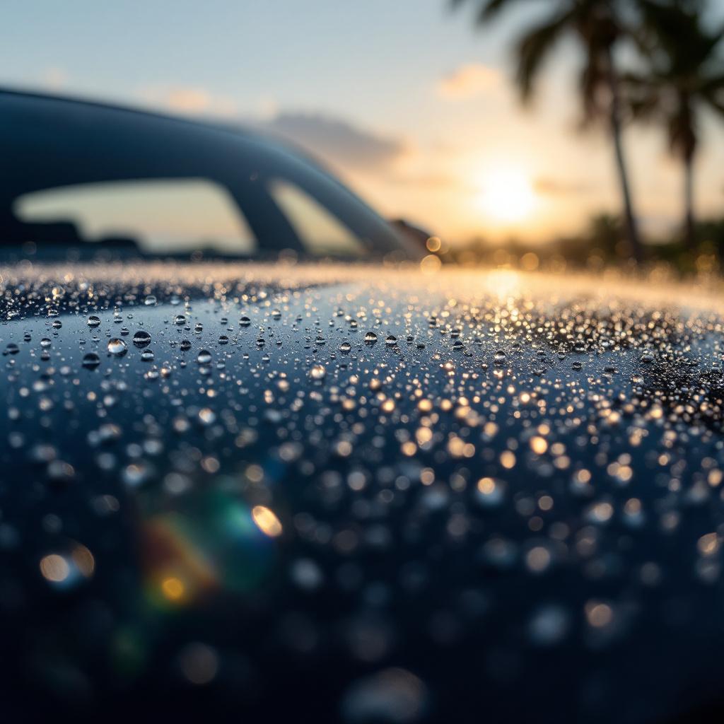 Salt-air mist beading on a ceramic-coated navy hood at dawn